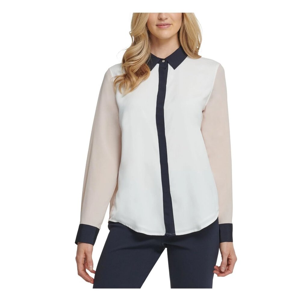 DKNY Color Block Long Sleeve Button Down Blouse - Size XL